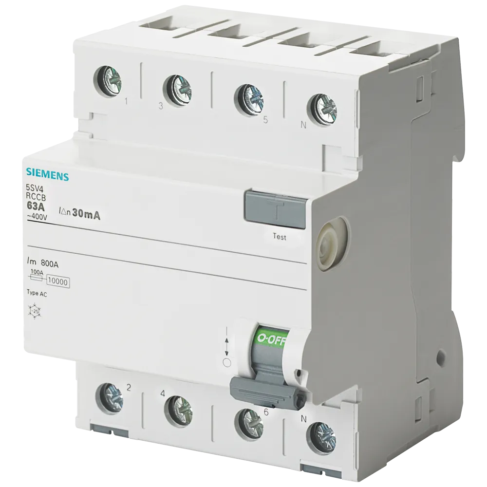 Residual current circuit breaker 5SV4 63A/30mA/AC 4P
