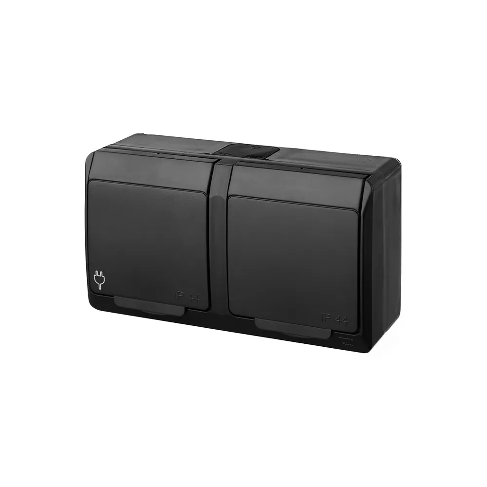 Hermes czarne gniazdo NT 2x Z/U z klapką IP44 16A 250V