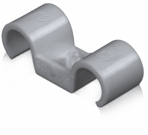 UCHWYT PLASTIKOWY DO RUREK INSTALACYJNYCH, PODWÓJNY, POSADZKOWY, WZMONIONY PA, ŚREDNICA 16 MM