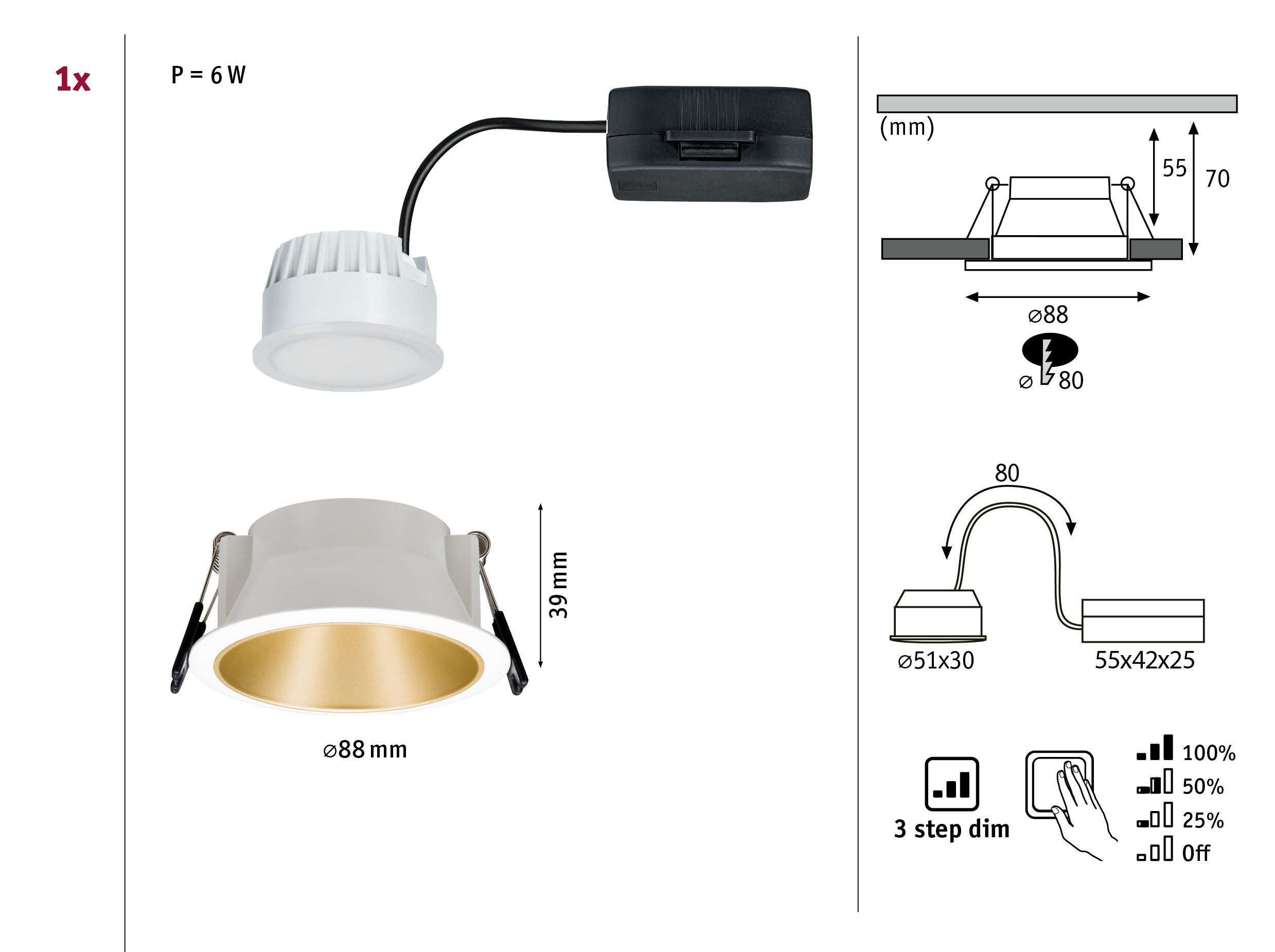 COLE COIN LED 3-STEP DIM 1x6W 470lm 2700K IP44 230V white / matte gold - Image 10