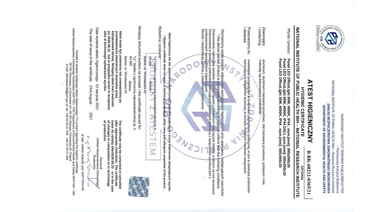 LED Panel OfficeLight 40W 4000K 4635lm IP44 595x595 PZH Certificate 230V white / aluminum / plastic - Image 3