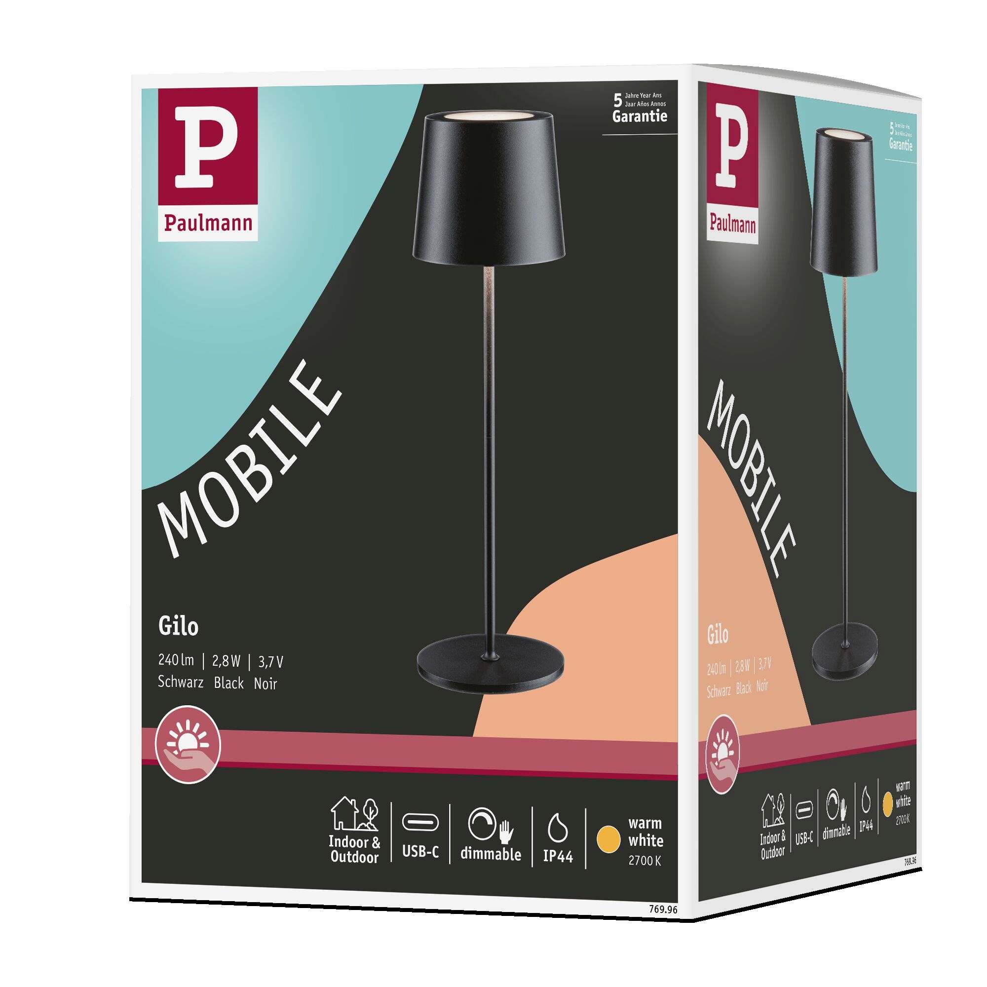 Lampka stołowa akumulatorowa GILO LED DIM USB-C 2.8W 240lm 2700K IP44 czarny mat / metal tworzywo sztuczne - obrazek 13