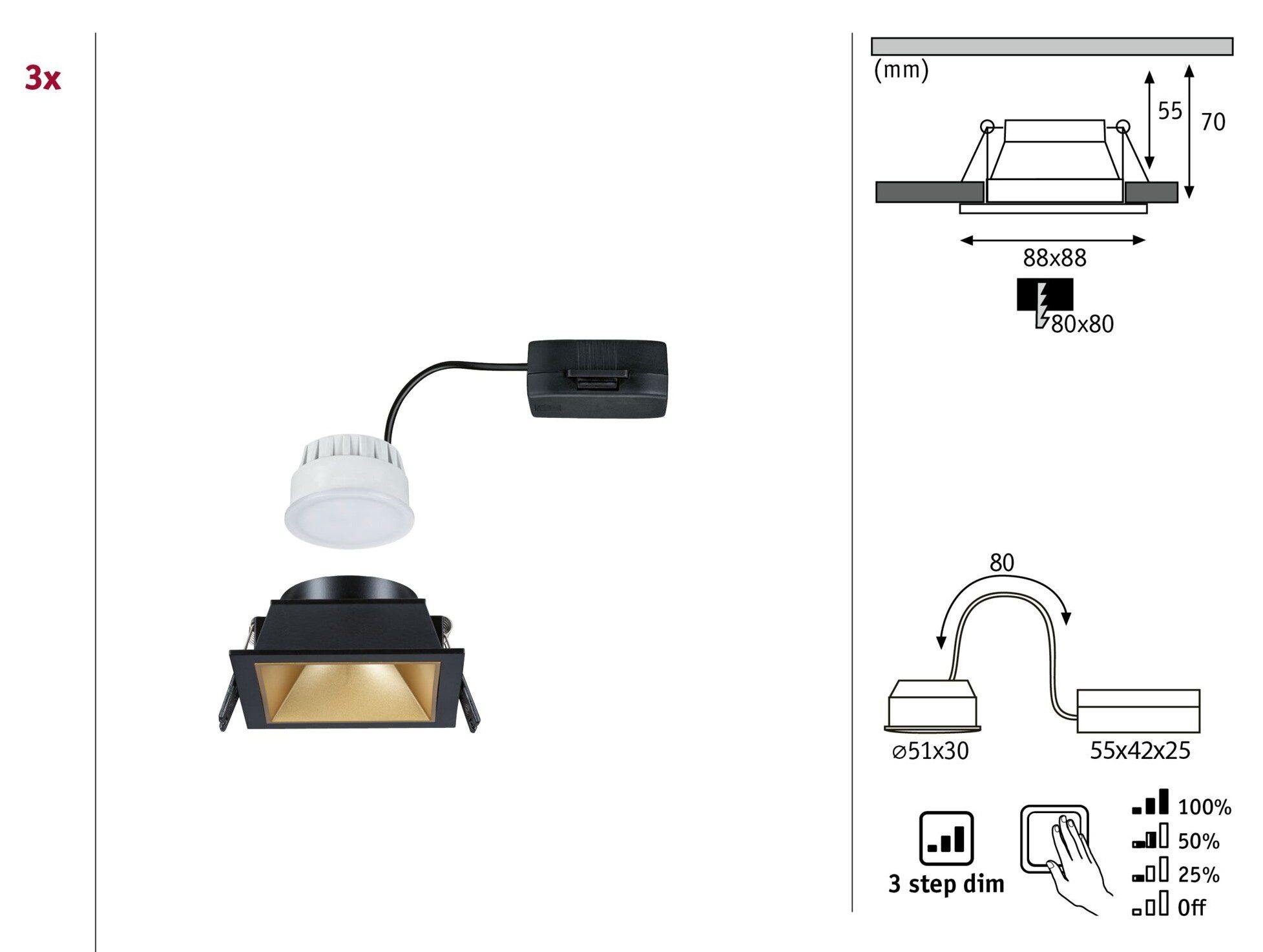 Oprawa do wbudowania EBL COLE SET COIN 3-STEP DIM zestaw 3x6W 3x470lm 2700K IP44 230V czarny matowy / złoty / aluminium - obrazek 6