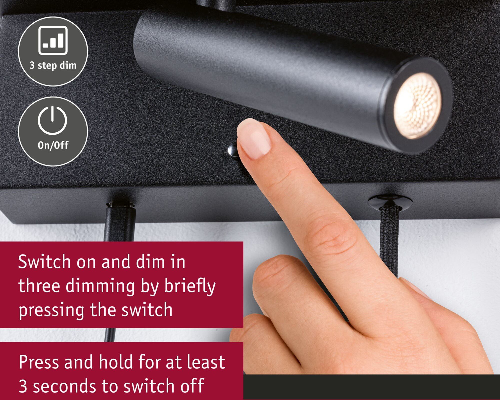 Oprawa ścienna JERIK LED 2,4W 3-STEP DIM 160lm 3000K USB-C 230V Z przełącznikiem Czarny mat /metal - obrazek 5