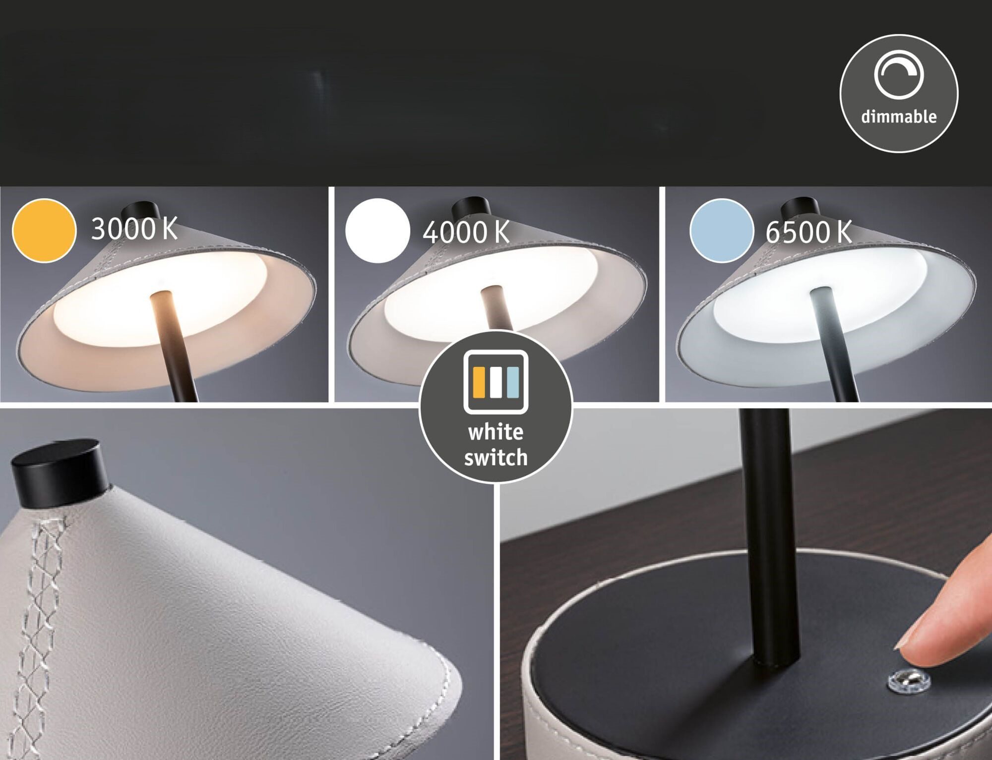 Lampka stołowa akumulatorowa PELLINI LED DIM USB-C 2W 300lm 3000/4000/6500K IP20 czarny matowy / materiał beż / metal - obrazek 4