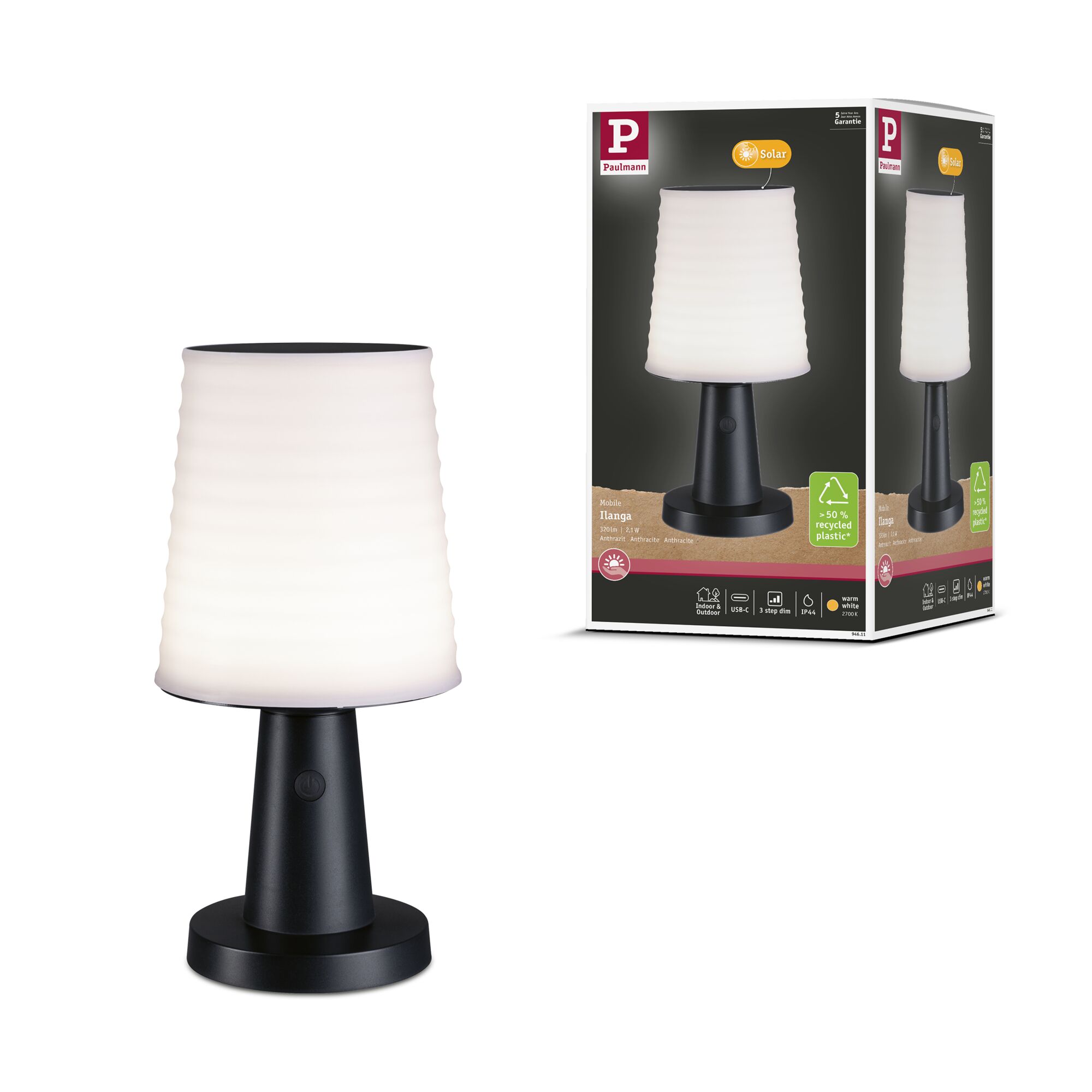 Lampka stołowa solarna ILANGA LED DIM USB-C 2.1W 125lm 2700K IP44 antracyt / tworzywo z recyklingu - obrazek 15