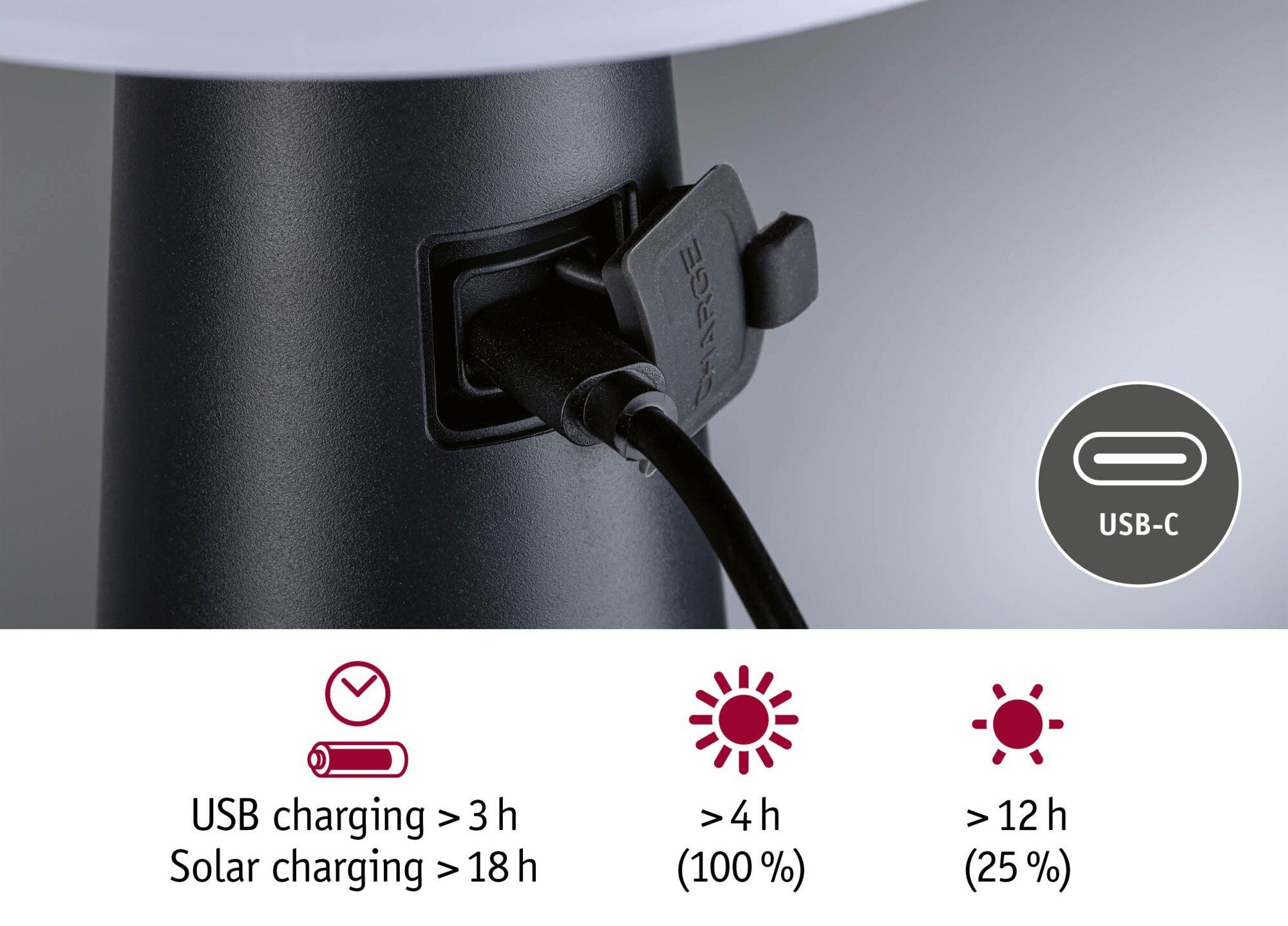 Lampka stołowa solarna ILANGA LED DIM USB-C 2.1W 125lm 2700K IP44 antracyt / tworzywo z recyklingu - obrazek 3