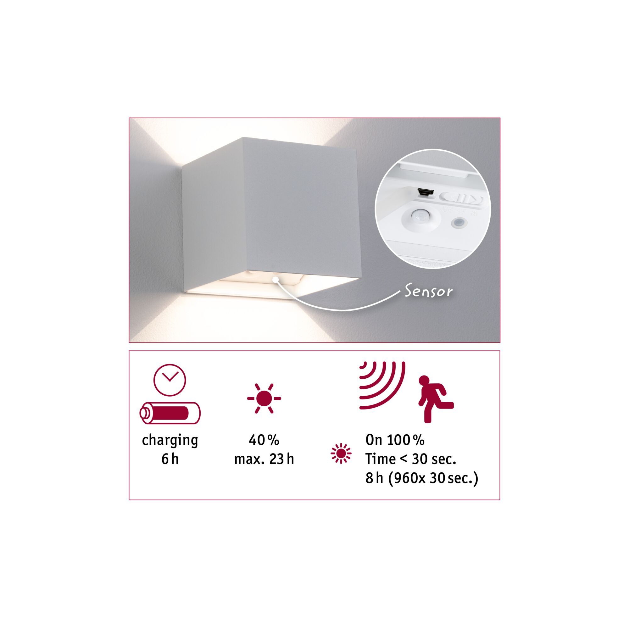 Mobile wall lamp NYARA LED with sensor 2x1W up/down 3000K 2x165lm USB-C Battery IP44 white / aluminum / plastic - Image 5