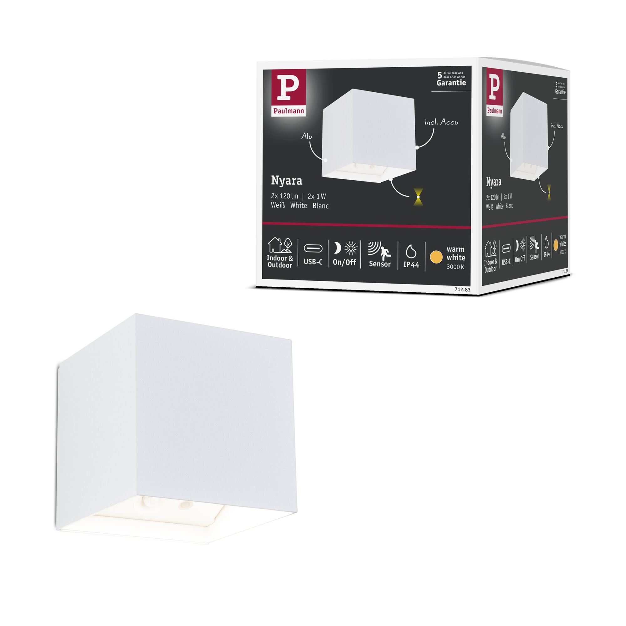 Mobile wall lamp NYARA LED with sensor 2x1W up/down 3000K 2x165lm USB-C Battery IP44 white / aluminum / plastic - Image 15