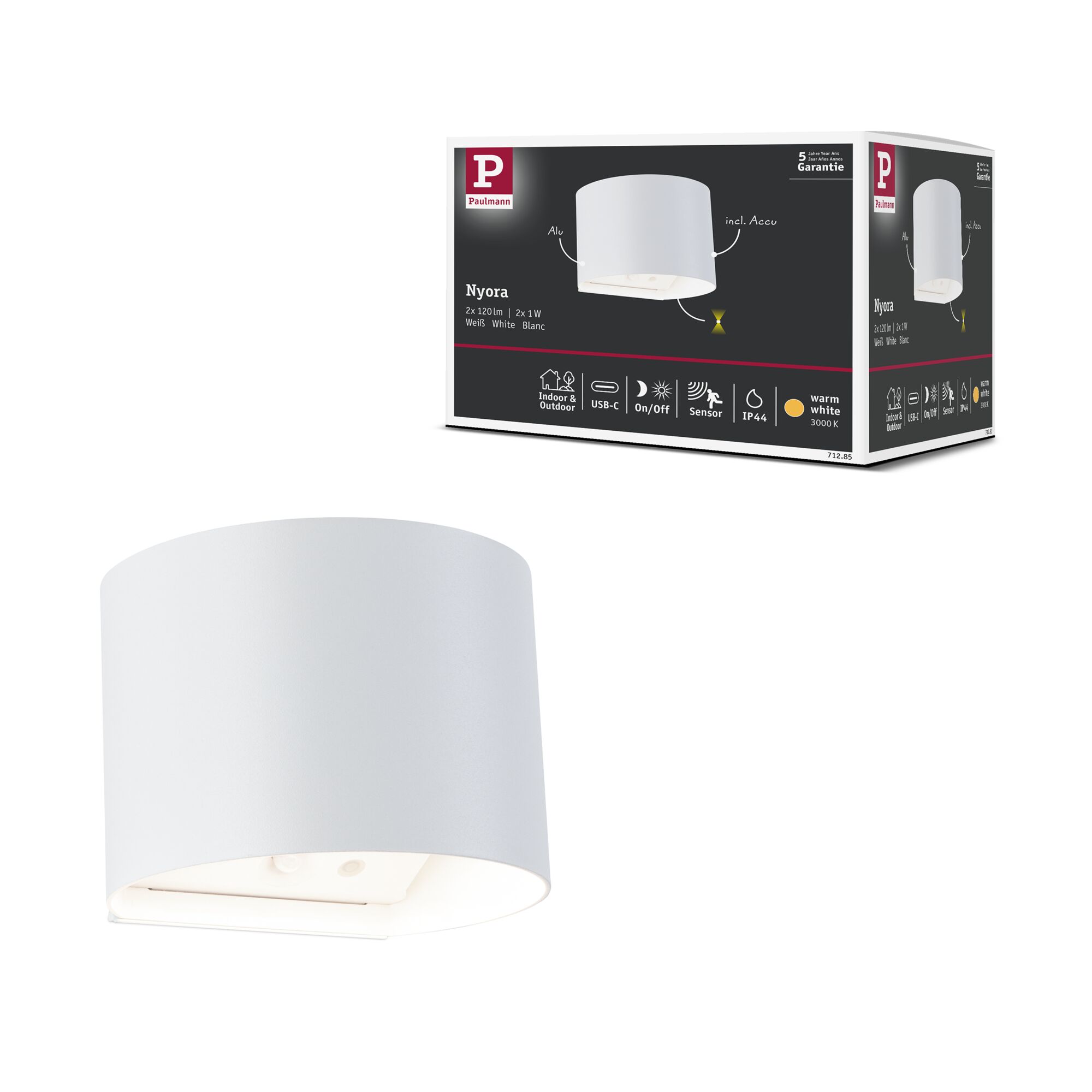 NYORA LED Mobile Wall Lamp with Sensor 2x1W Up/Down 3000K 2x165lm USB-C Battery IP44 White / Aluminum / Plastic - Image 14