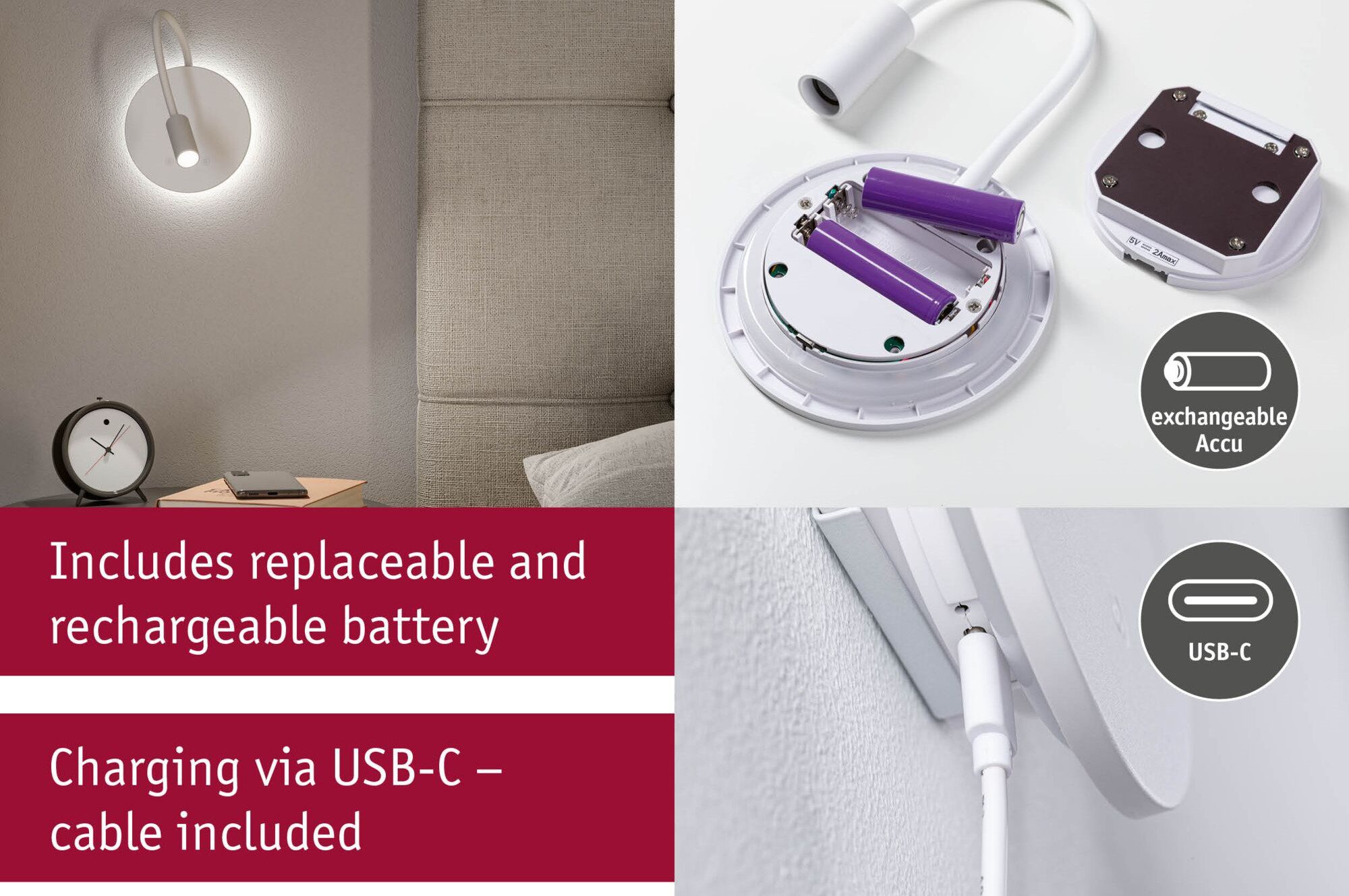 Mobilna lamapa ścienna MIORA LED DIM 0,7W + backlight 0,6W 2700K 78 + 82lm USB-C Aku biały / tworzywo sztuczne - obrazek 10