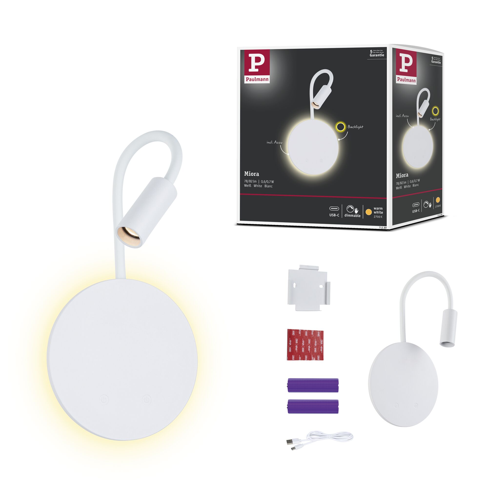 Mobilna lamapa ścienna MIORA LED DIM 0,7W + backlight 0,6W 2700K 78 + 82lm USB-C Aku biały / tworzywo sztuczne - obrazek 14