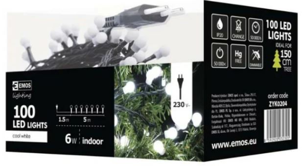 CHRISTMAS LIGHTS 100 LED CW 5M IP20 CHERRY GREEN CABLE