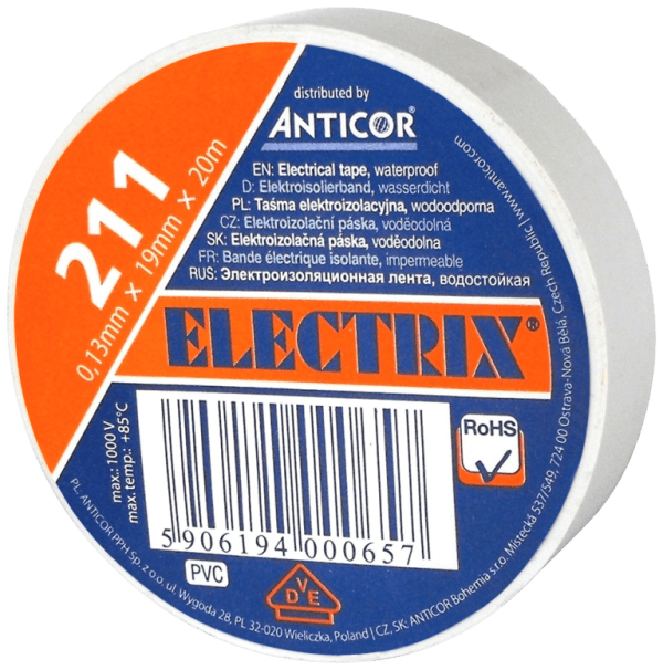 211P 19X20 TAŚMA IZOLACYJNA 19MM 20M PVC BIAŁY