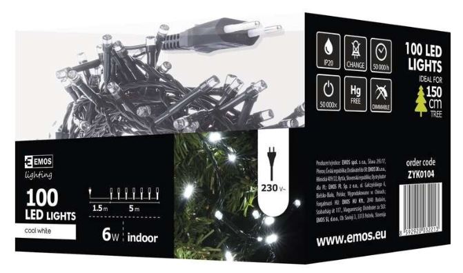 CHRISTMAS LIGHTS 100 LED CW 5M IP20 GREEN CABLE