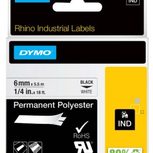 TAŚMA POLIESTROWA TRWAŁA  6MM 5.5M CZARNY NADRUK / BIAŁE TŁO RHINO