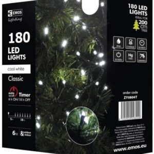 CHRISTMAS LIGHTS 180 LED COOL WHITE 18M GREEN CABLE, TIMER