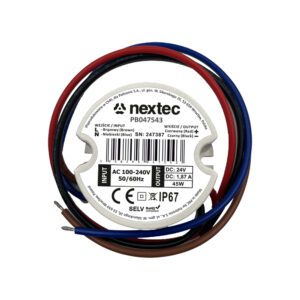 NEXTEC ZASILACZ LED DO PUSZKI  45W 1.87A 100-240V AC / 24V DC IP67 OKRĄGŁY 50MM