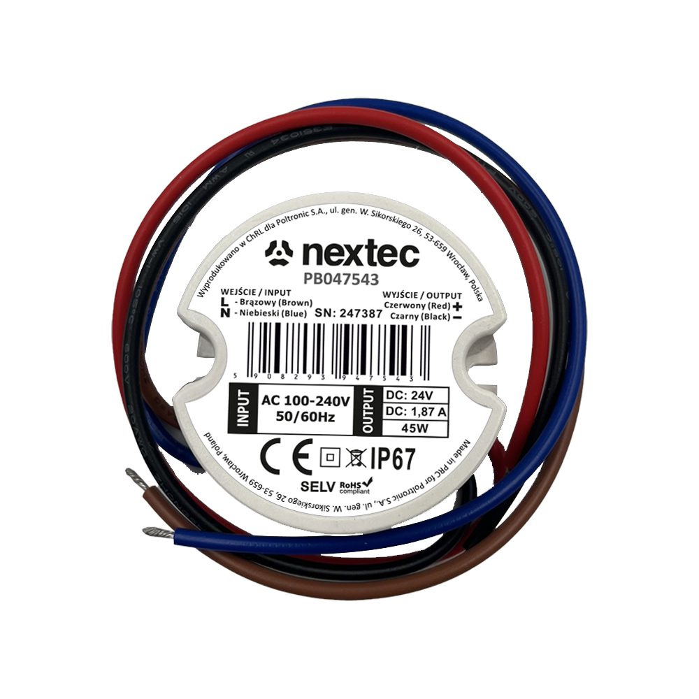 NEXTEC ZASILACZ LED DO PUSZKI 45W 1.87A 100-240V AC / 24V DC IP67 OKRĄGŁY 50MM