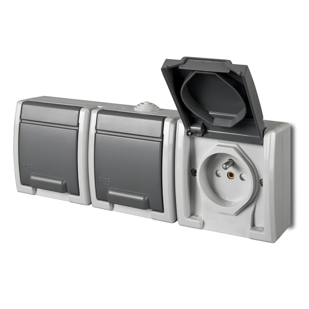 AQUANT 2K GRAY SOCKET NT 3X Z/U WITH COVER IP55 SCREW TERMINALS 16A 250V