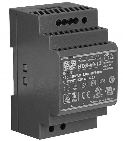 HDR ZASILACZ NA SZYNĘ DIN 60W 4.5A 85-264V AC -120-370V DC / 12V DC 3M