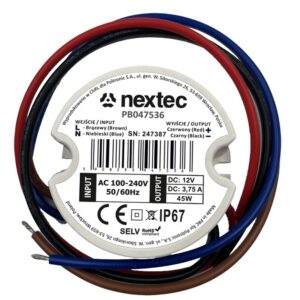 NEXTEC LED POWER SUPPLY FOR BOX 45W 3.75A 100-240V AC / 12V DC IP67 ROUND 50MM