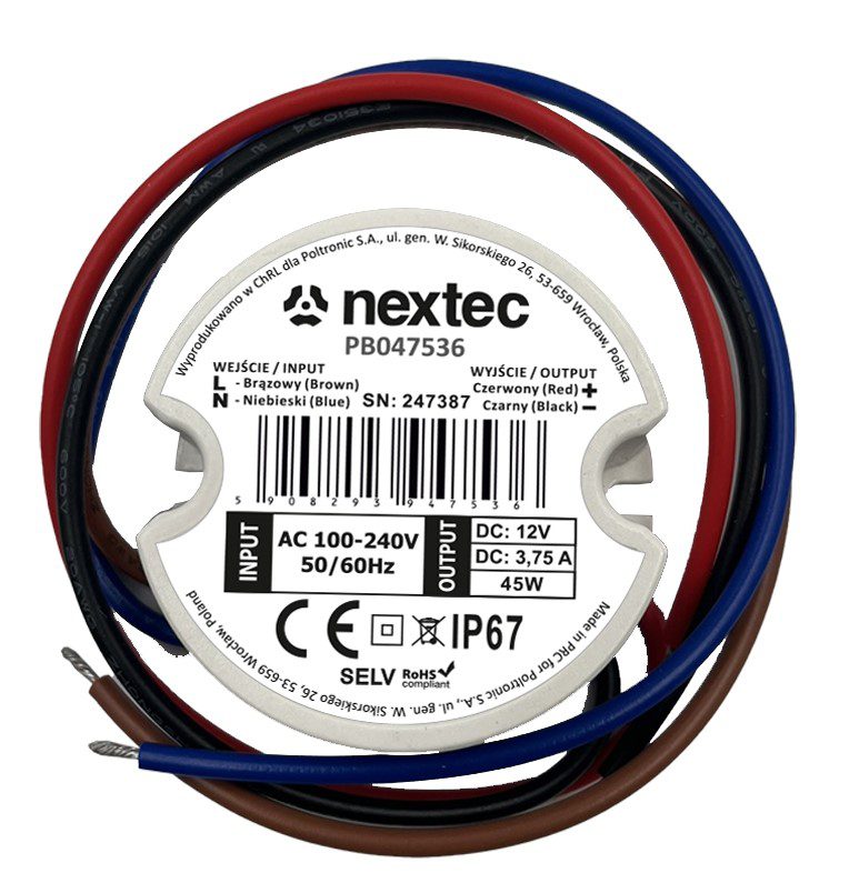 NEXTEC ZASILACZ LED DO PUSZKI 45W 3.75A 100-240V AC / 12V DC IP67 OKRĄGŁY 50MM