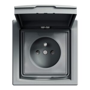 Schneider Electric Asfora, gniazdo 2P+PE, z przesłonami, 1-krotne, IP44, z ramką, stal, EPH2800362