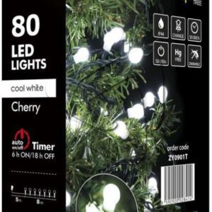 LAMPKI CHOINKOWE 80 LED CW 8M IP44 CHERRY ZIELONY PRZEWÓD TIMER