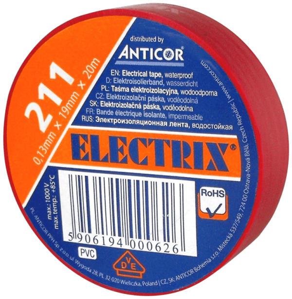 211P 19X20 TAŚMA IZOLACYJNA 19MM 20M PVC CZERWONY