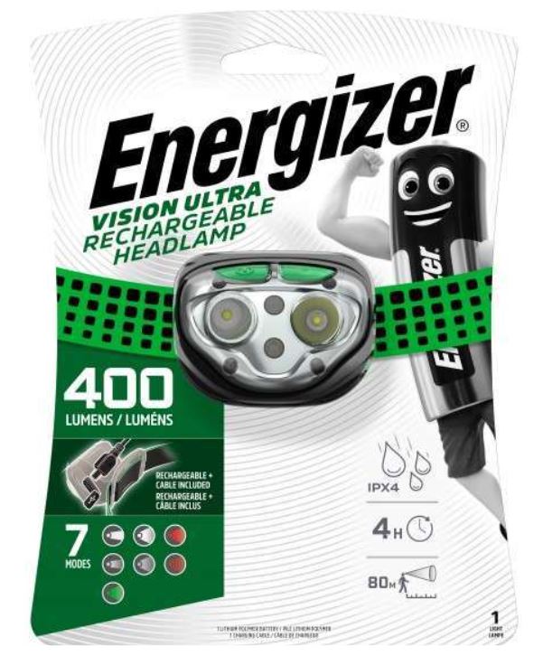 LED HEADLAMP RECHARGEABLE 400LM IPX4 80M 4H GREEN/BLACK PLASTIC VISION ULTRA HD