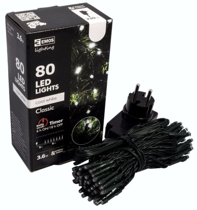 LAMPKI CHOINKOWE 80 LED CW 8M ZIELONY PRZEWÓD TIMER