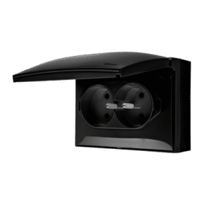 SIMON AQUACLICK CZARNY MAT GNIAZDO NT 2X Z/U Z KLAPĄ W KOL. CZARNY MAT IP44 ZACISKI ŚRUBOWE 16A 250V