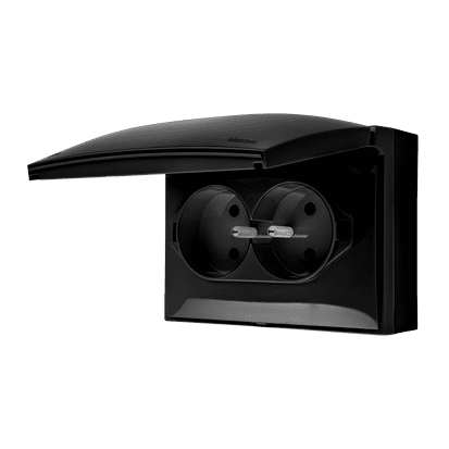 SIMON AQUACLICK CZARNY MAT GNIAZDO NT 2X Z/U Z KLAPĄ W KOL. CZARNY MAT IP44 ZACISKI ŚRUBOWE 16A 250V